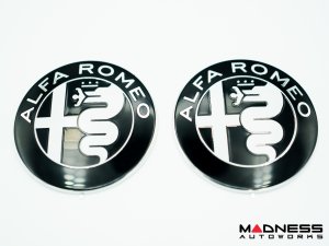Alfa Romeo Emblems + Badges + Wheel Caps Kit - Black - "Alfa Romeo" + "Sportiva" Emblems + 2 AR Badges + 4 Center Caps